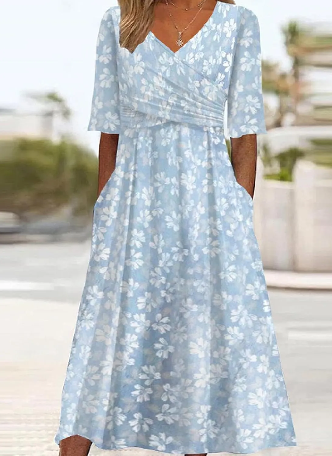 Womens Summer Wrap V Neck Short Sleeve Floral Midi Dress with Side Pockets Casual A-Line High Waist Dress