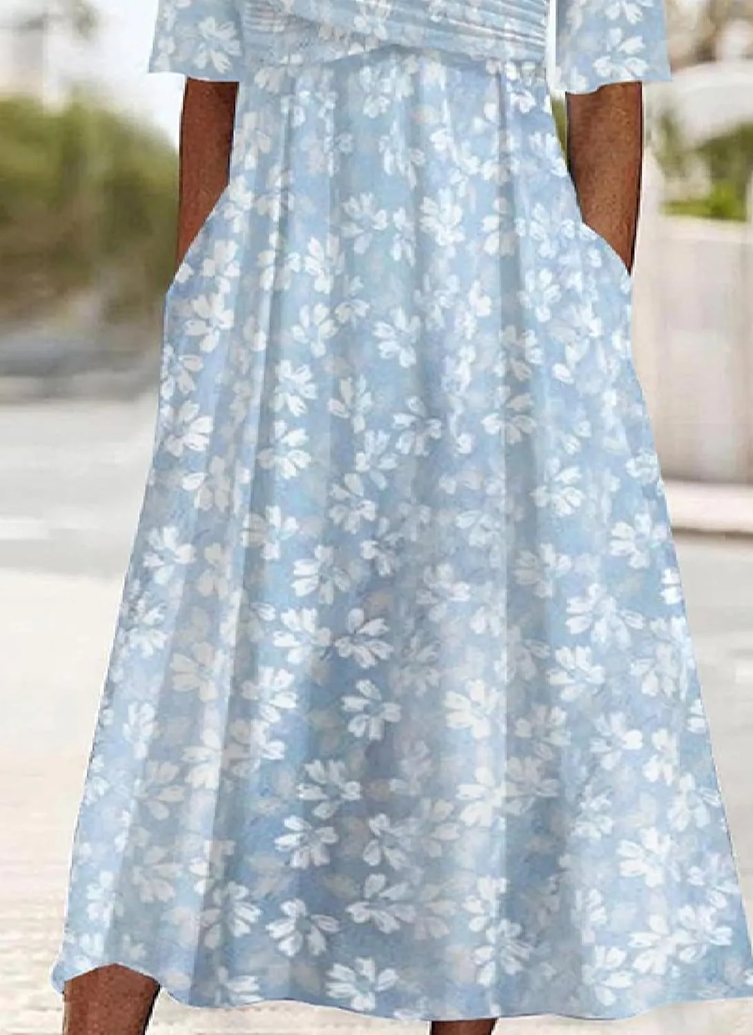 Womens Summer Wrap V Neck Short Sleeve Floral Midi Dress with Side Pockets Casual A-Line High Waist Dress
