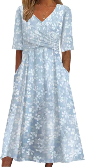 Womens Summer Wrap V Neck Short Sleeve Floral Midi Dress with Side Pockets Casual A-Line High Waist Dress