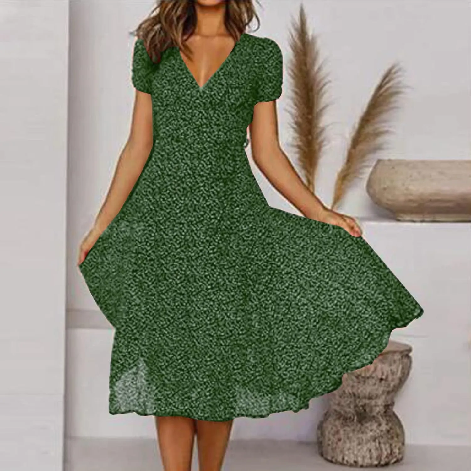 Womens Summer Wrap V-Neck Tie Waist Dress Bandage Boho Print Casual Short Sleeve Maxi Dress Vacation Midi Dress