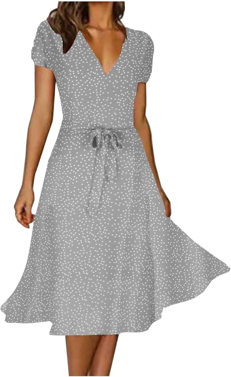 Womens Summer Wrap V-Neck Tie Waist Dress Bandage Boho Print Casual Short Sleeve Maxi Dress Vacation Midi Dress