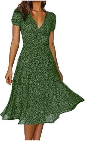 Womens Summer Wrap V-Neck Tie Waist Dress Bandage Boho Print Casual Short Sleeve Maxi Dress Vacation Midi Dress