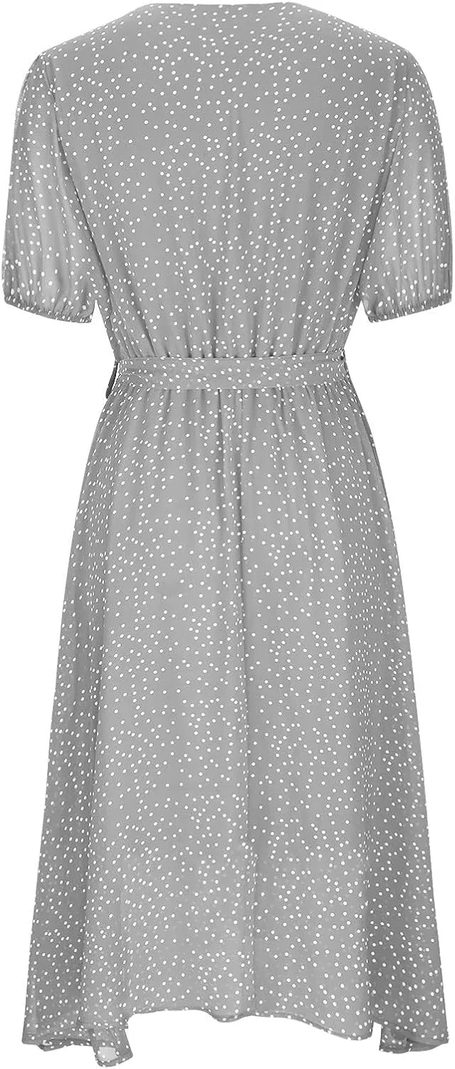 Womens Summer Wrap V-Neck Tie Waist Dress Bandage Boho Print Casual Short Sleeve Maxi Dress Vacation Midi Dress