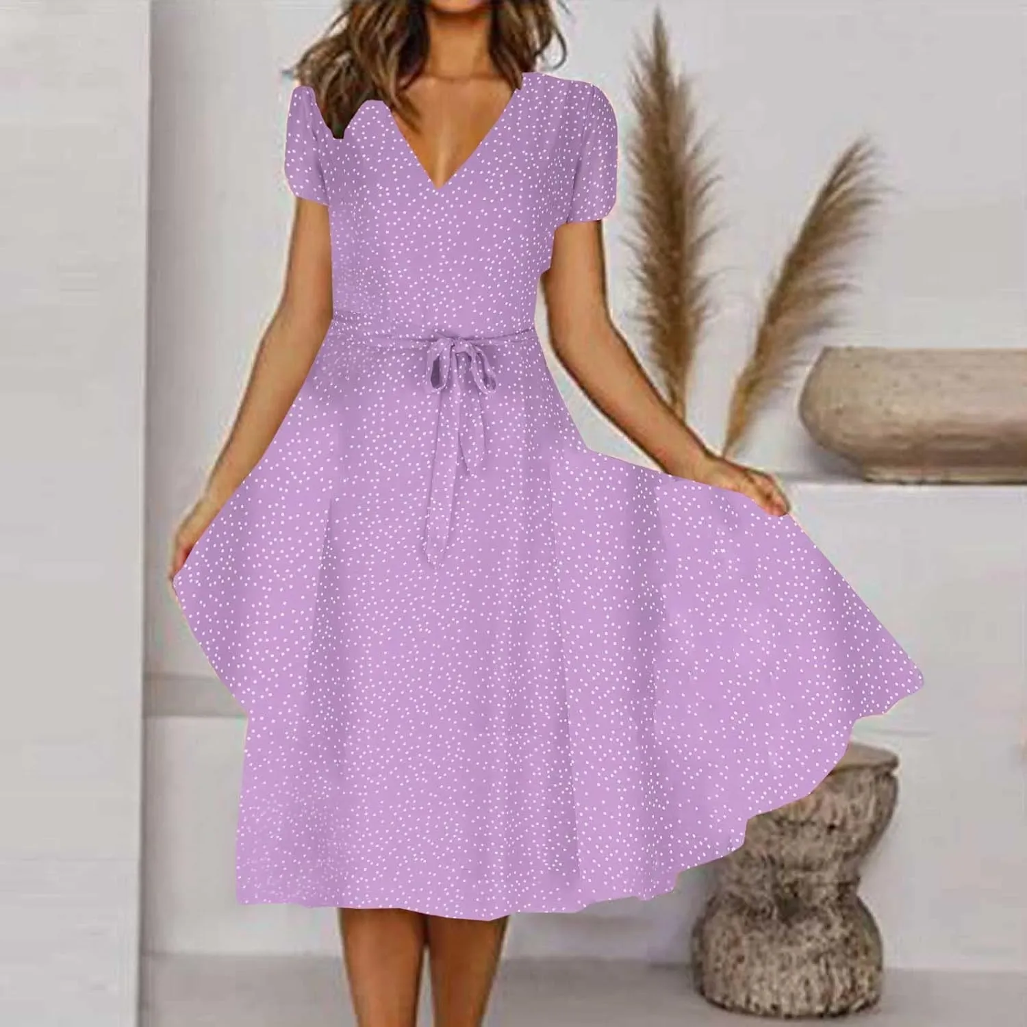 Womens Summer Wrap V-Neck Tie Waist Dress Bandage Boho Print Casual Short Sleeve Maxi Dress Vacation Midi Dress
