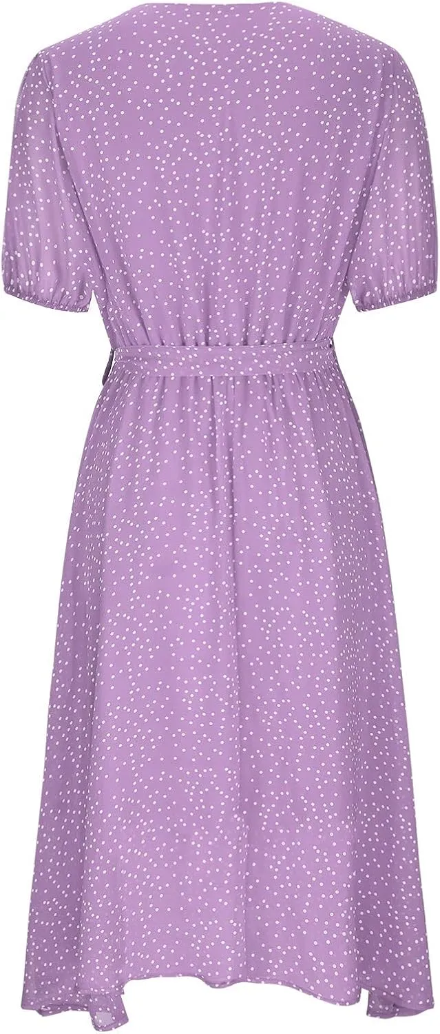 Womens Summer Wrap V-Neck Tie Waist Dress Bandage Boho Print Casual Short Sleeve Maxi Dress Vacation Midi Dress