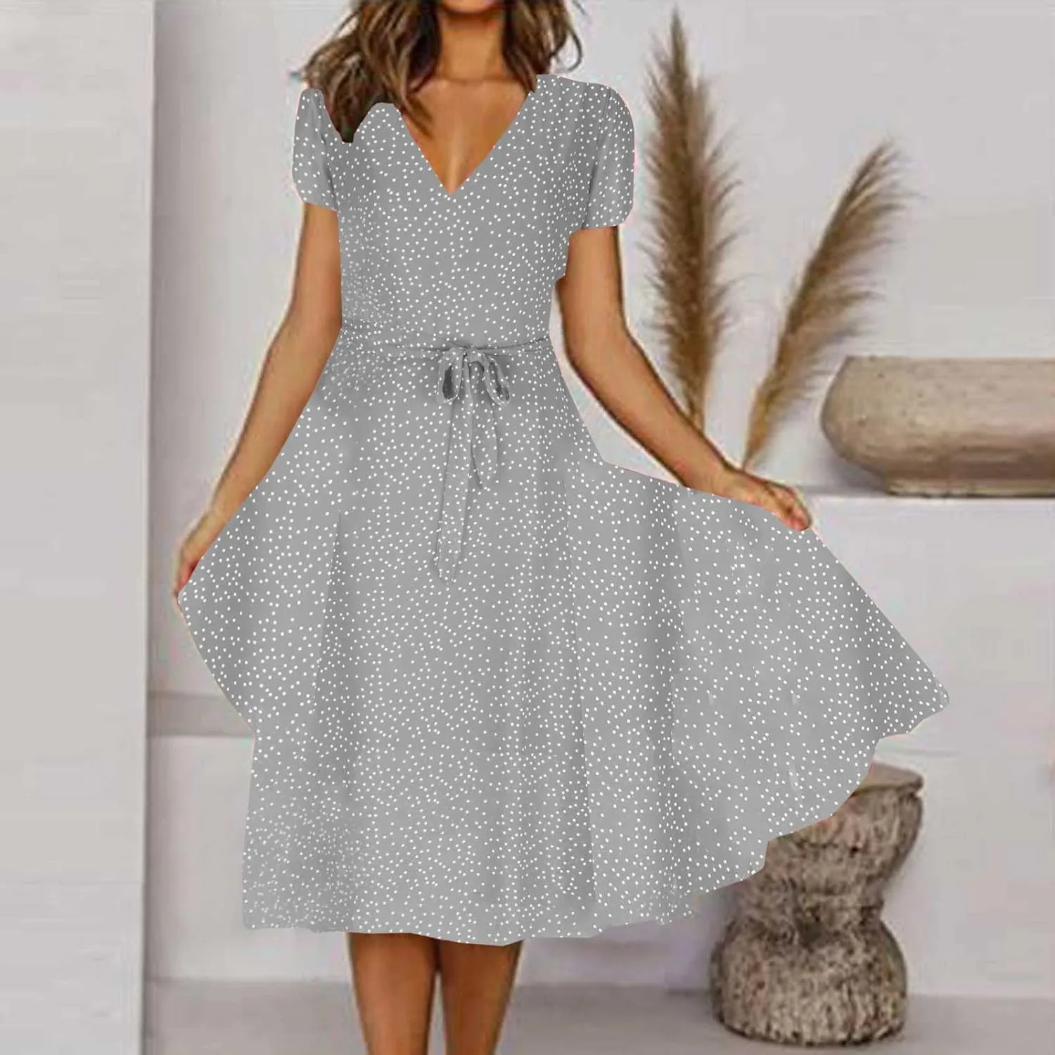 Womens Summer Wrap V-Neck Tie Waist Dress Bandage Boho Print Casual Short Sleeve Maxi Dress Vacation Midi Dress