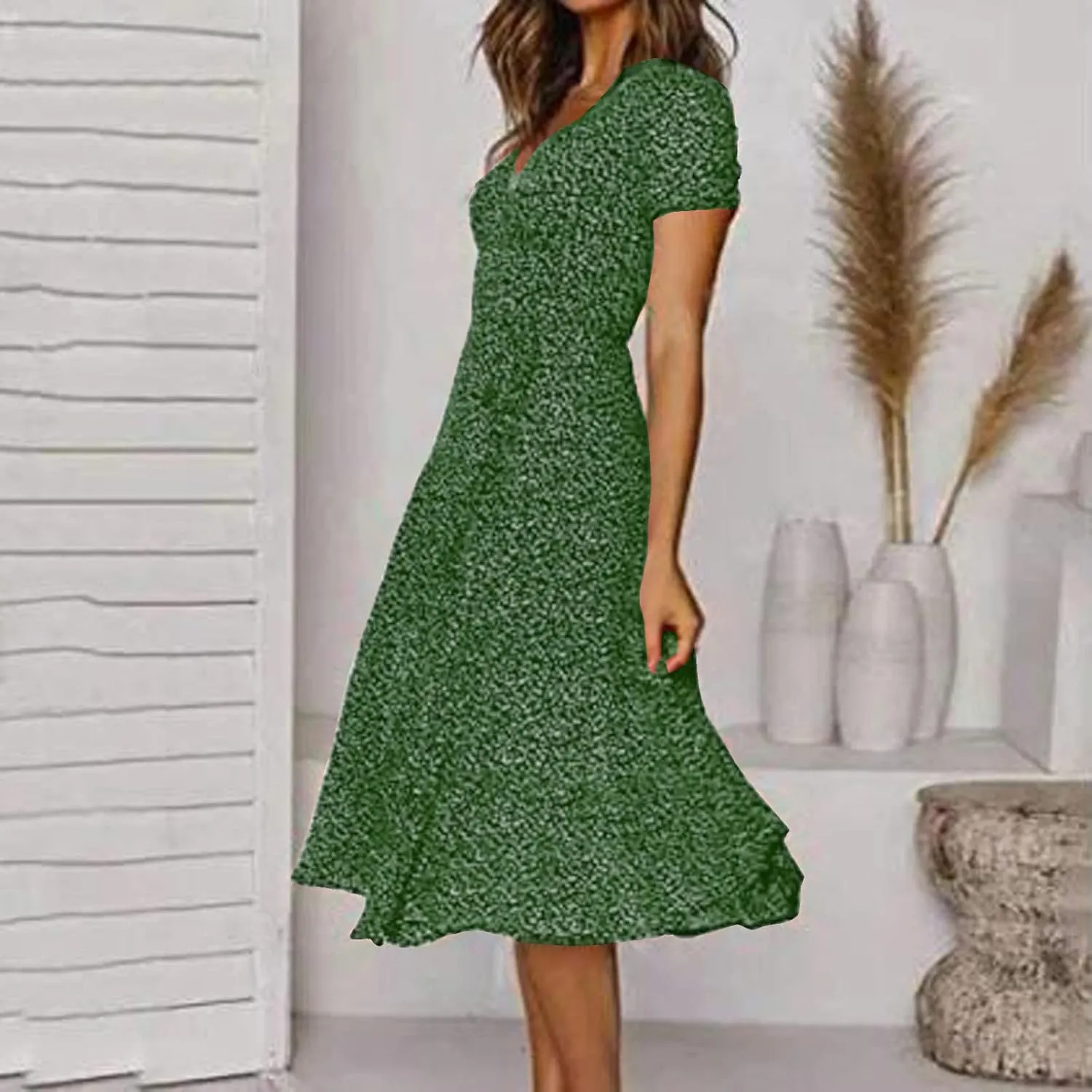 Womens Summer Wrap V-Neck Tie Waist Dress Bandage Boho Print Casual Short Sleeve Maxi Dress Vacation Midi Dress