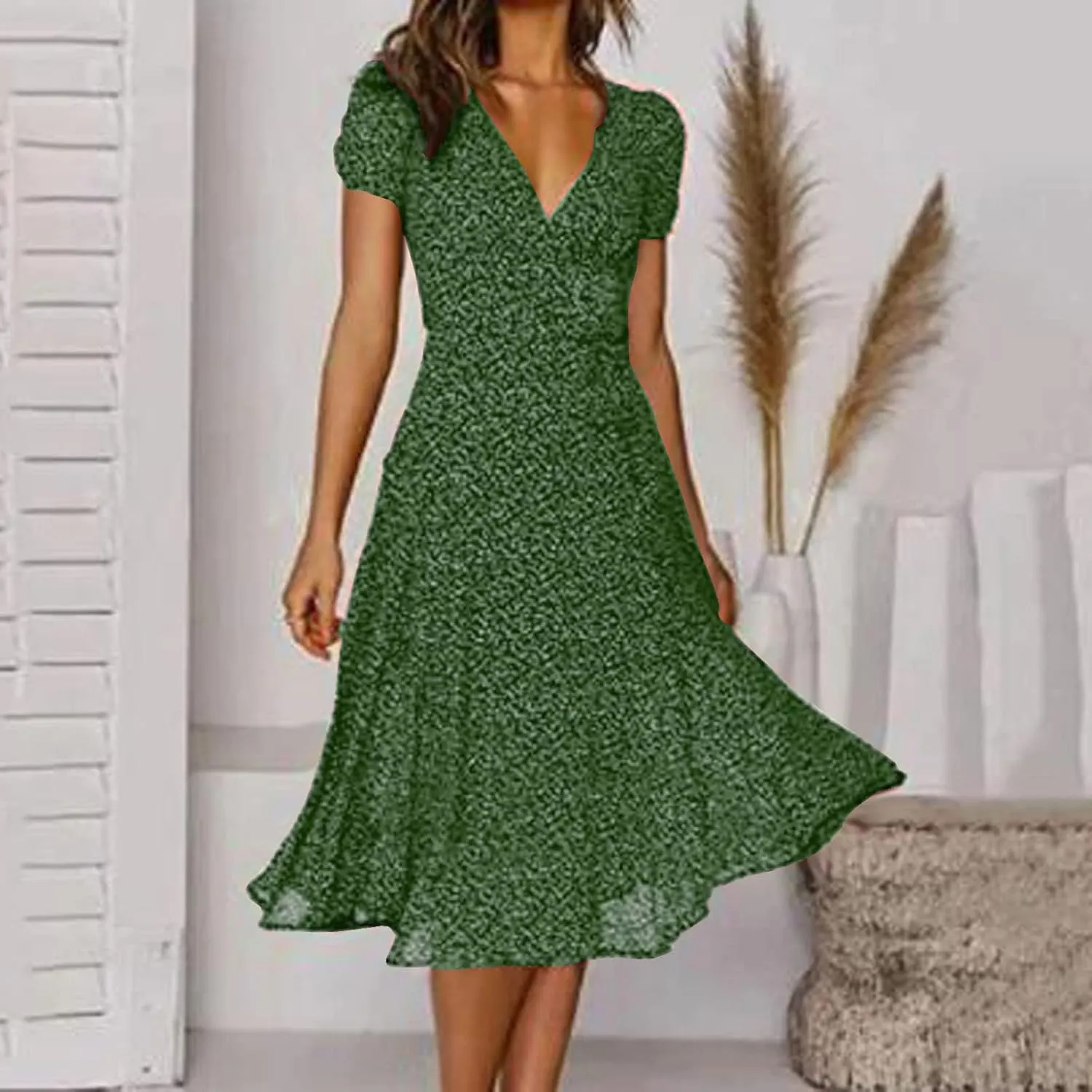 Womens Summer Wrap V-Neck Tie Waist Dress Bandage Boho Print Casual Short Sleeve Maxi Dress Vacation Midi Dress