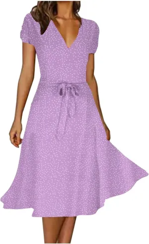 Womens Summer Wrap V-Neck Tie Waist Dress Bandage Boho Print Casual Short Sleeve Maxi Dress Vacation Midi Dress
