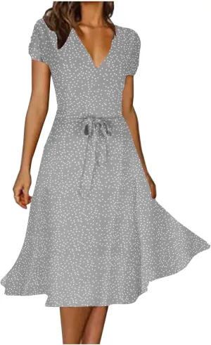Womens Summer Wrap V-Neck Tie Waist Dress Bandage Boho Print Casual Short Sleeve Maxi Dress Vacation Midi Dress