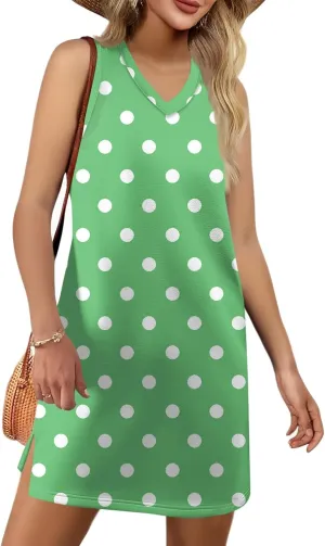 Women's Sun Dresses 2025 Vacation Polka Dot V Neck Sleeveless Tank Sundresses Beach, S-3XL