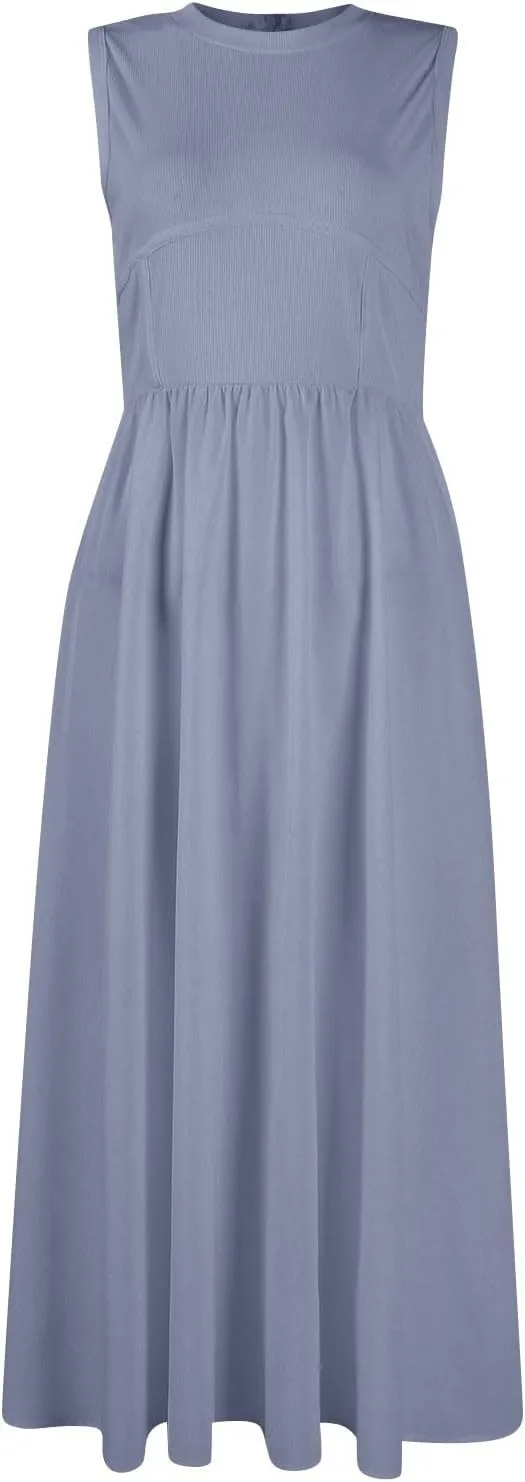 Womens Sundress Tank Summer Midi Dresses Empire Waist Wrap Dress Plus Size Sleeveless Cute Smocked Dress with Pockets