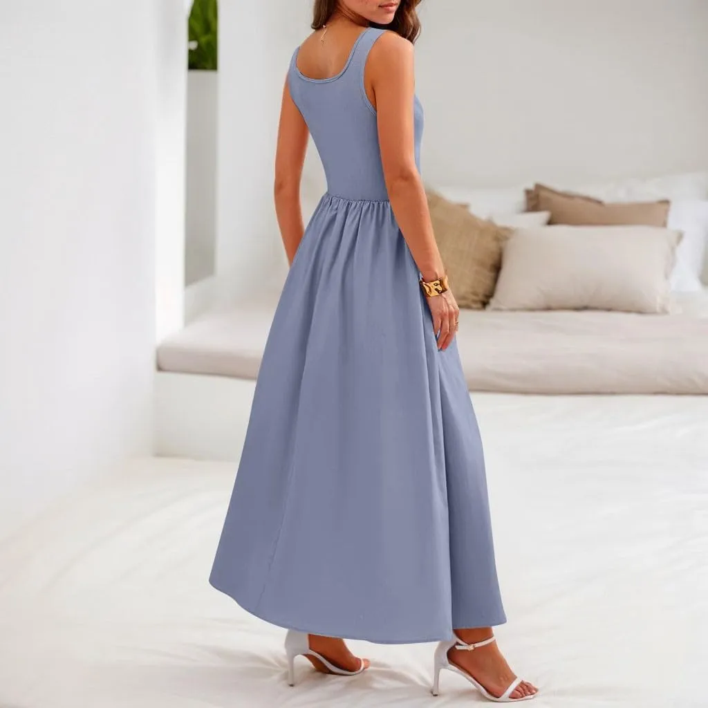 Womens Sundress Tank Summer Midi Dresses Empire Waist Wrap Dress Plus Size Sleeveless Cute Smocked Dress with Pockets