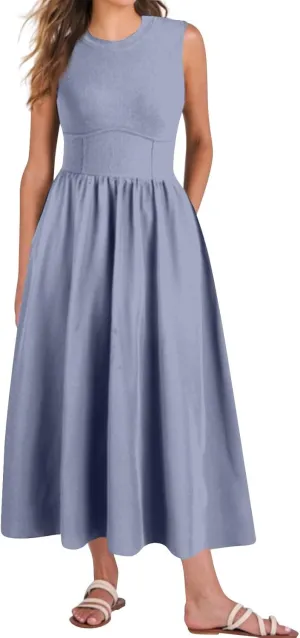 Womens Sundress Tank Summer Midi Dresses Empire Waist Wrap Dress Plus Size Sleeveless Cute Smocked Dress with Pockets
