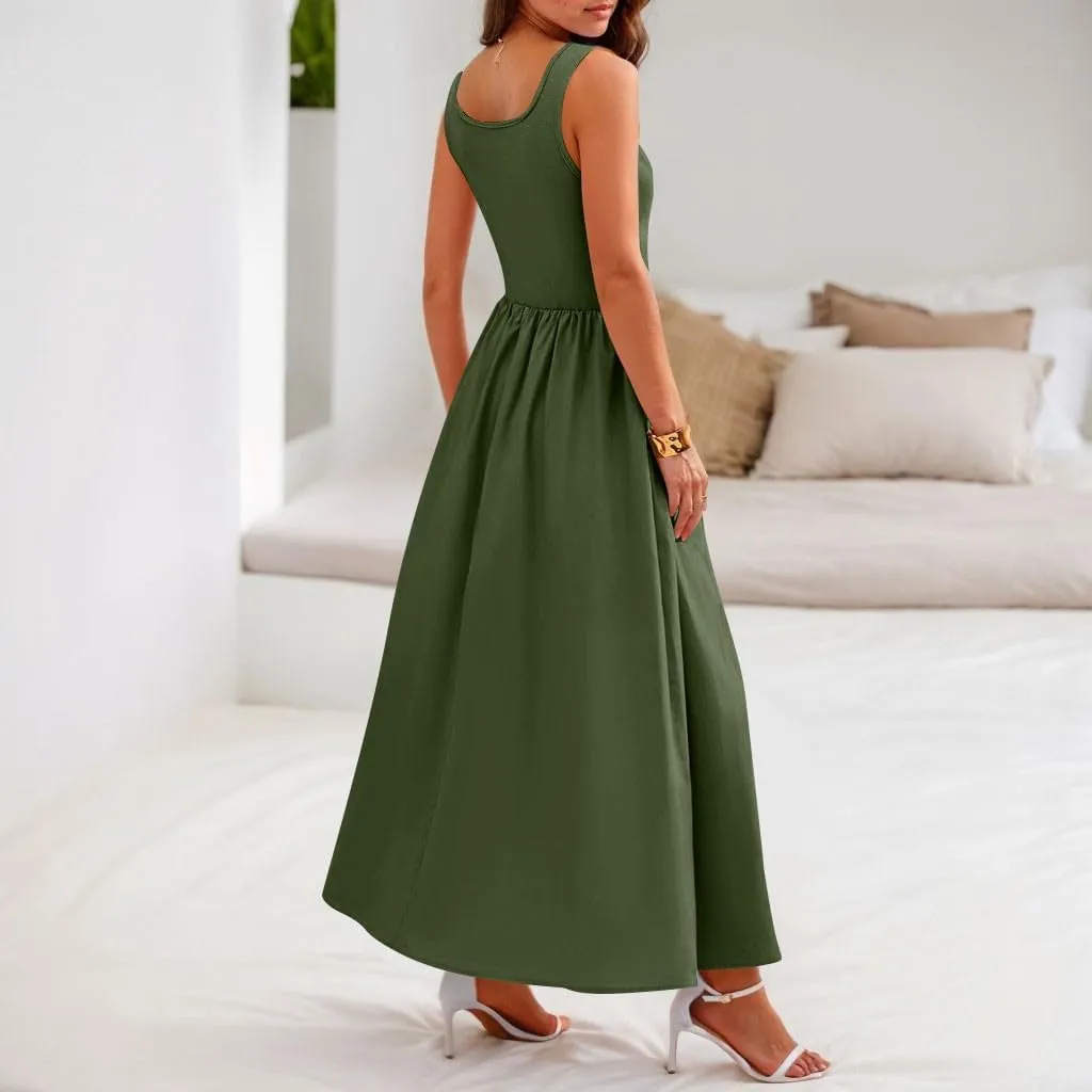 Womens Sundress Tank Summer Midi Dresses Empire Waist Wrap Dress Plus Size Sleeveless Cute Smocked Dress with Pockets