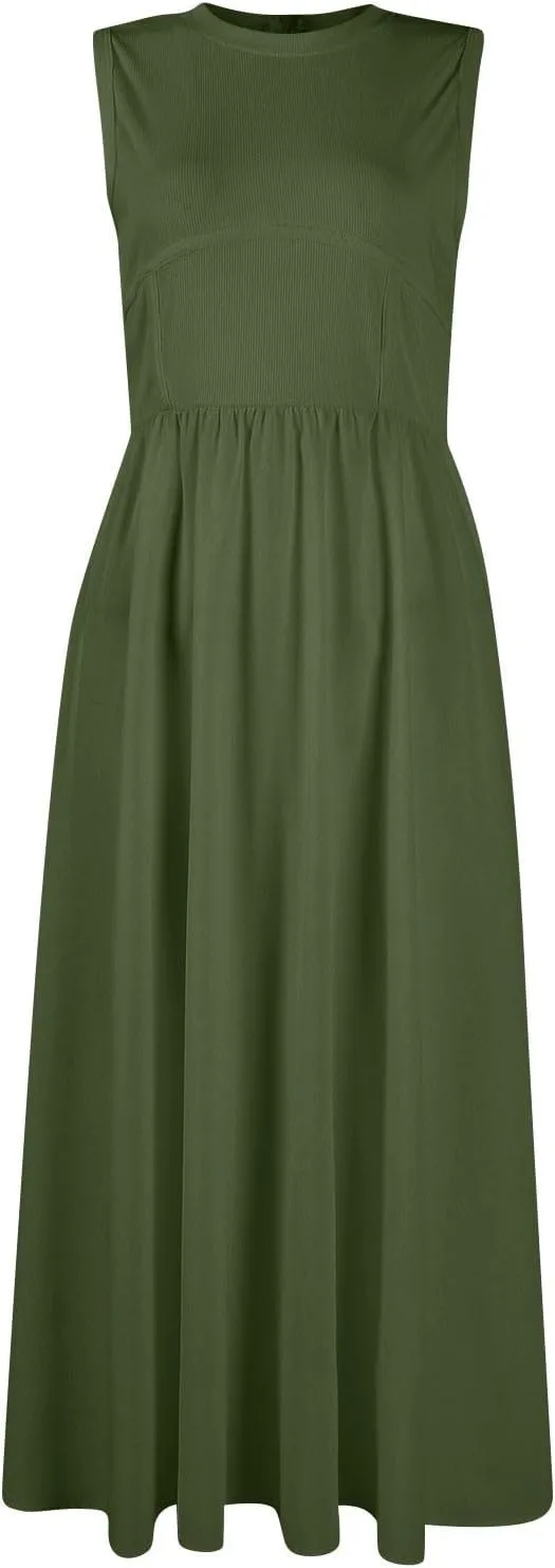 Womens Sundress Tank Summer Midi Dresses Empire Waist Wrap Dress Plus Size Sleeveless Cute Smocked Dress with Pockets