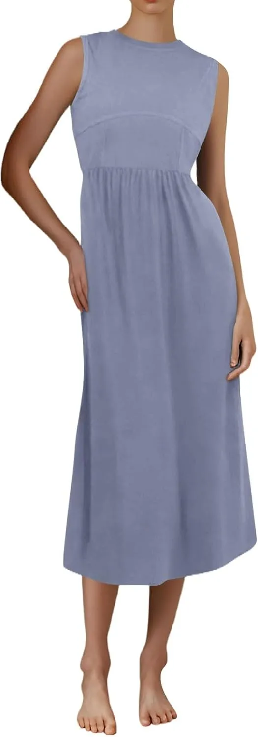 Womens Sundress Tank Summer Midi Dresses Empire Waist Wrap Dress Plus Size Sleeveless Cute Smocked Dress with Pockets