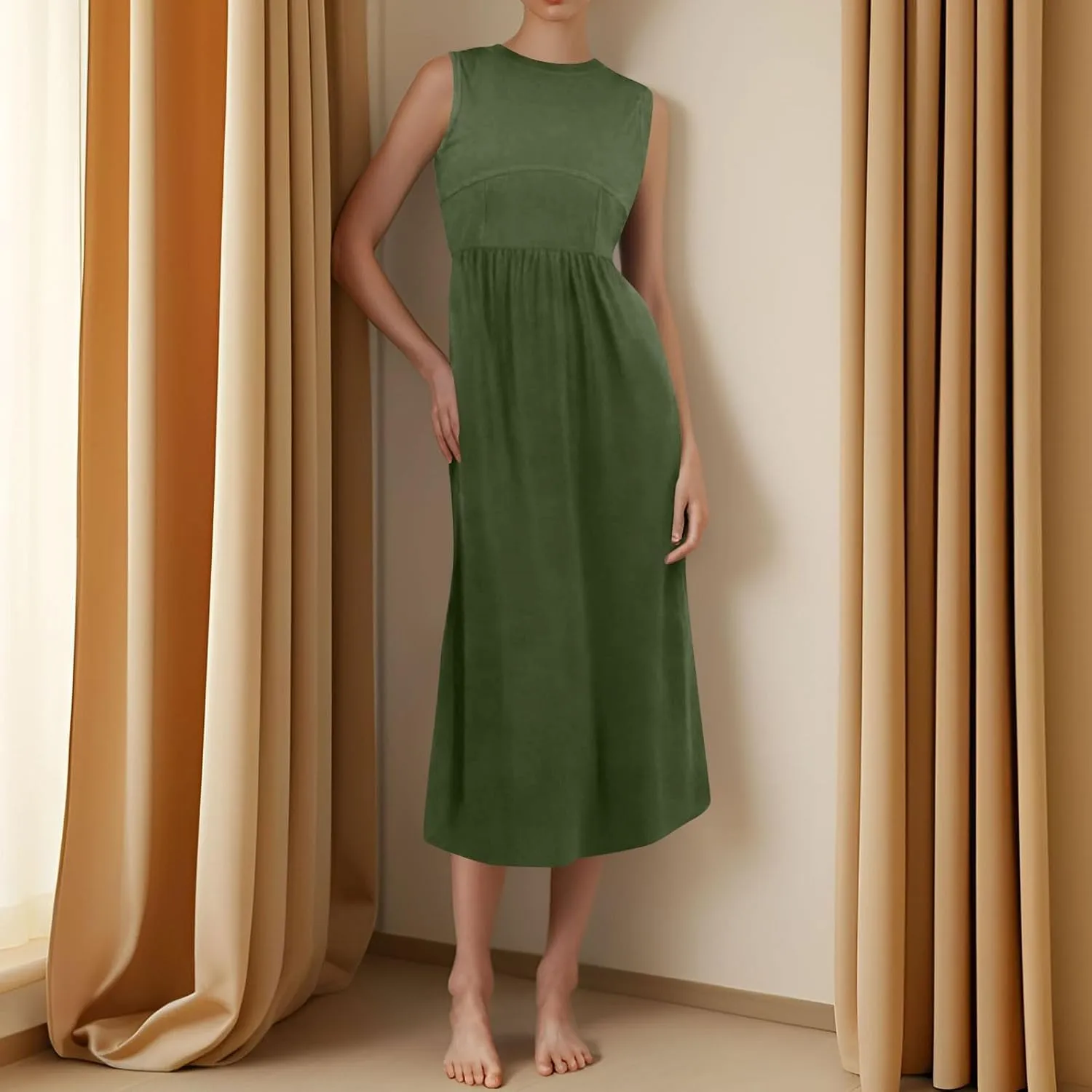 Womens Sundress Tank Summer Midi Dresses Empire Waist Wrap Dress Plus Size Sleeveless Cute Smocked Dress with Pockets