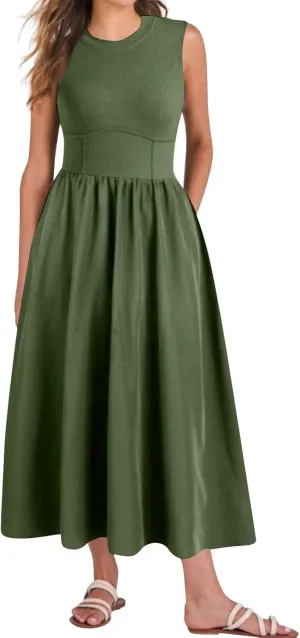 Womens Sundress Tank Summer Midi Dresses Empire Waist Wrap Dress Plus Size Sleeveless Cute Smocked Dress with Pockets
