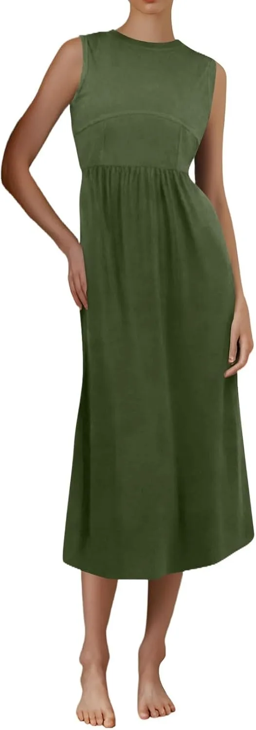 Womens Sundress Tank Summer Midi Dresses Empire Waist Wrap Dress Plus Size Sleeveless Cute Smocked Dress with Pockets