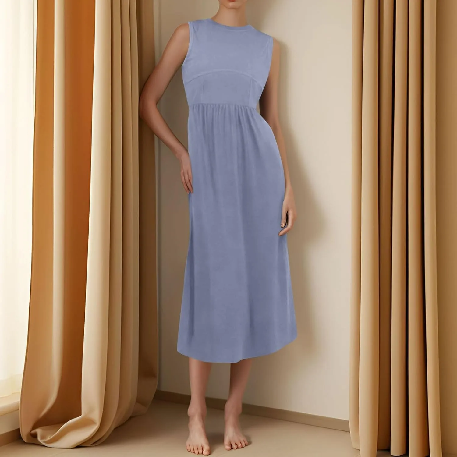 Womens Sundress Tank Summer Midi Dresses Empire Waist Wrap Dress Plus Size Sleeveless Cute Smocked Dress with Pockets