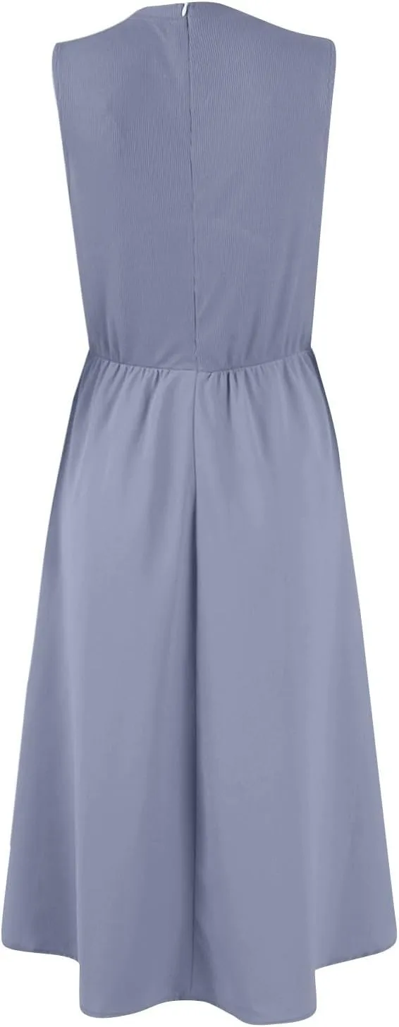 Womens Sundress Tank Summer Midi Dresses Empire Waist Wrap Dress Plus Size Sleeveless Cute Smocked Dress with Pockets
