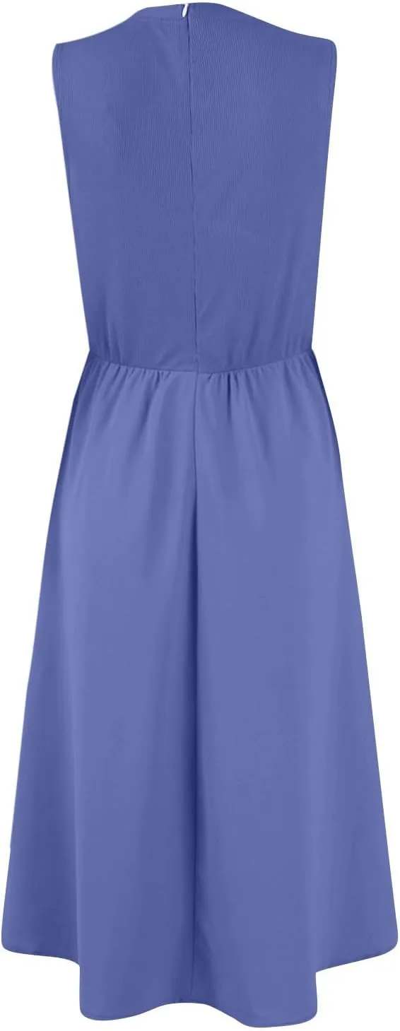 Womens Sundress Tank Top Summer Boho Dress Pleated Wrap Dress Plus Size Sleeveless Western Ruched Dresses with Pockets