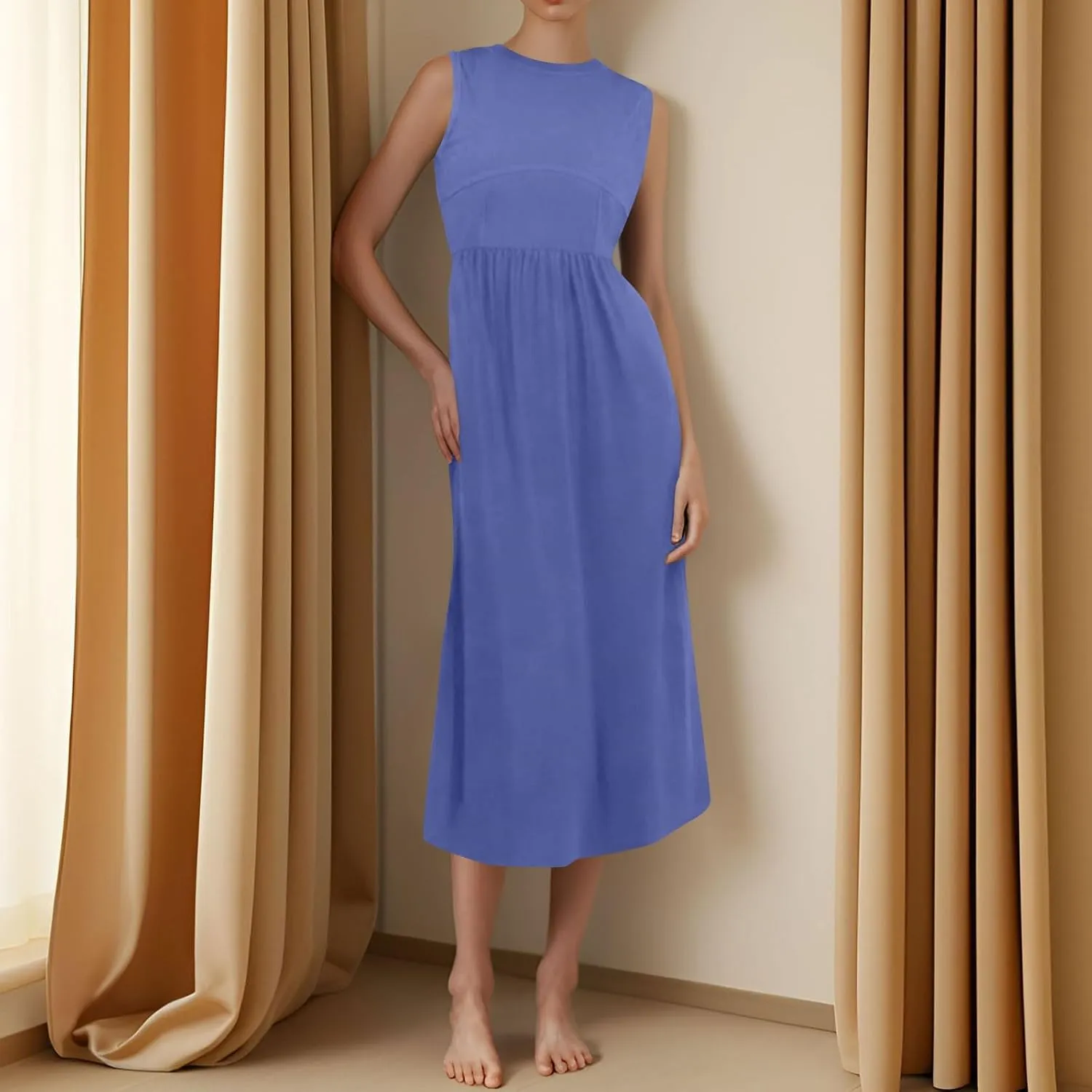 Womens Sundress Tank Top Summer Boho Dress Pleated Wrap Dress Plus Size Sleeveless Western Ruched Dresses with Pockets
