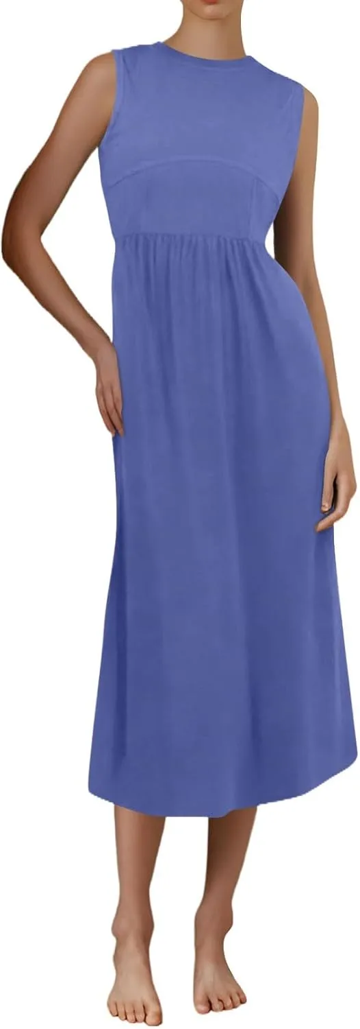 Womens Sundress Tank Top Summer Boho Dress Pleated Wrap Dress Plus Size Sleeveless Western Ruched Dresses with Pockets