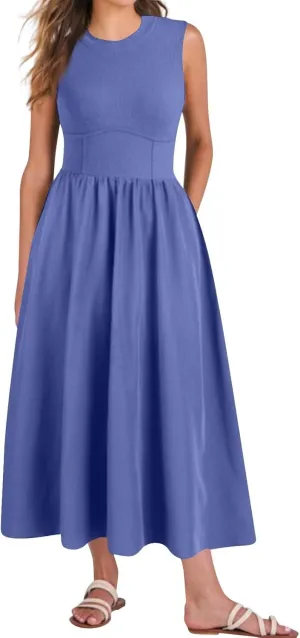 Womens Sundress Tank Top Summer Boho Dress Pleated Wrap Dress Plus Size Sleeveless Western Ruched Dresses with Pockets