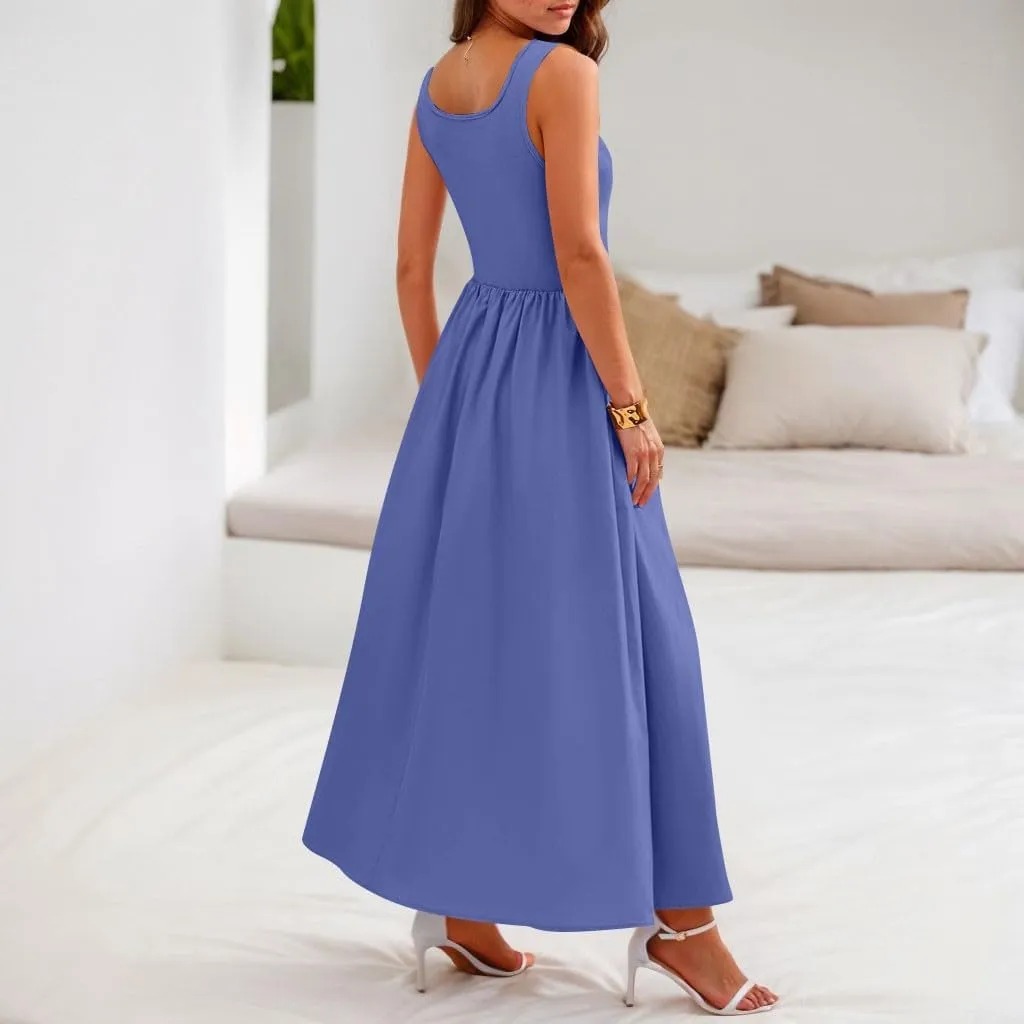 Womens Sundress Tank Top Summer Boho Dress Pleated Wrap Dress Plus Size Sleeveless Western Ruched Dresses with Pockets