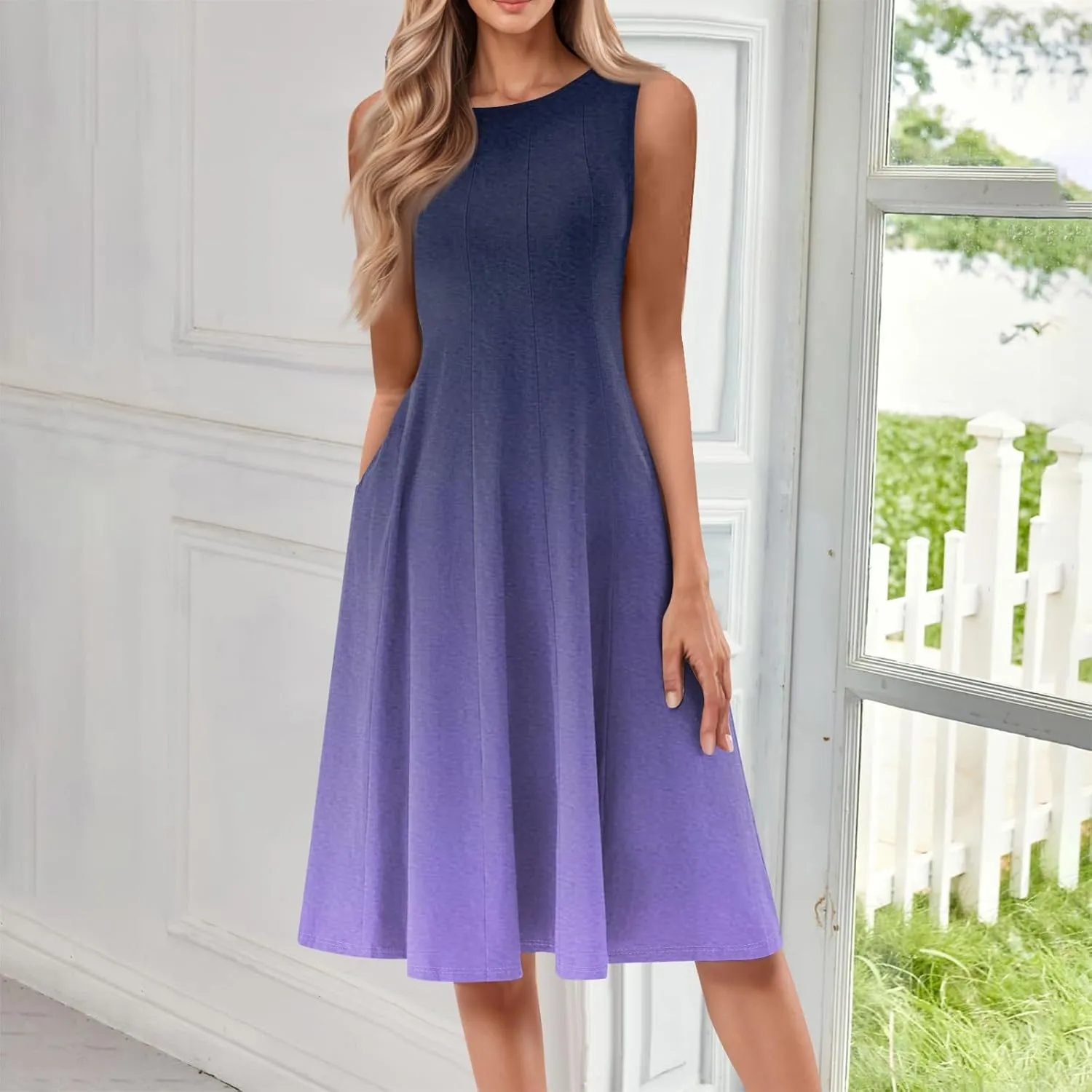 Women's Sundresses Tank Top Dresses Summer Midi Dress Ruched Floral Dress Sleeveless Bohemian A Line Dresses with Pocket