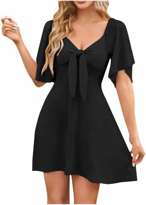 Womens V Neck Flutter Short Sleeve Mini Dress Summer A Line Pleated Lace Up Flowy Boho Beach Vacation Short Dresses