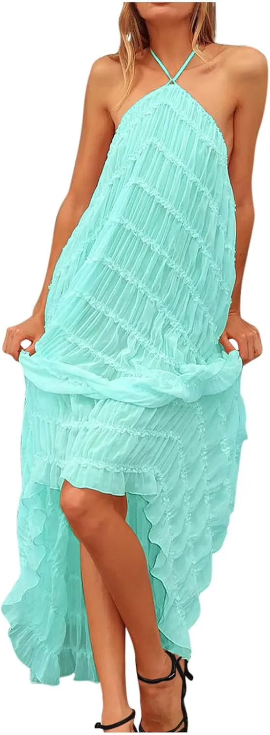 Xiaojmake Elegant Formal Dress Asymmetrical Ruffle Maxi Dresses Mesh Halter Neck Sleeveless Flowy Tiered Long Wedding Dress