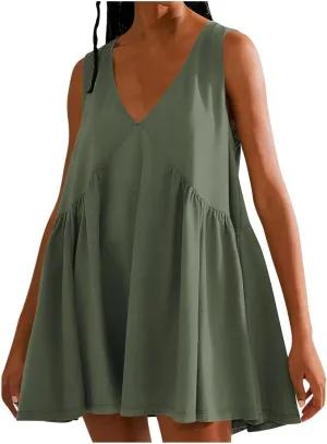 Xiaojmake Mini Tunic Dresses for Women Summer Casual Sleeveless V Neck Tank Sundress Loose Solid Babydoll Dress with Pockets