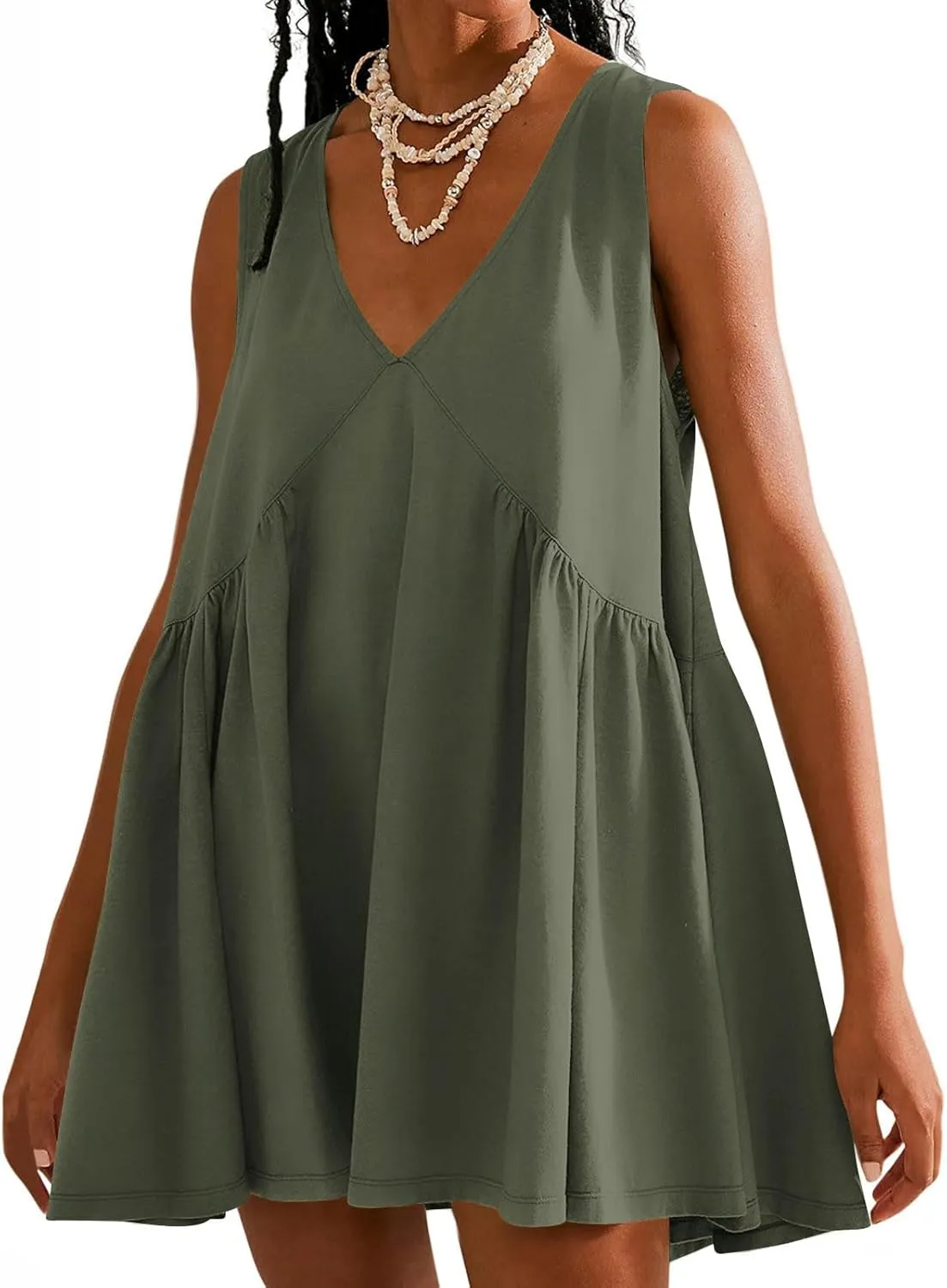 Xiaojmake Mini Tunic Dresses for Women Summer Casual Sleeveless V Neck Tank Sundress Loose Solid Babydoll Dress with Pockets