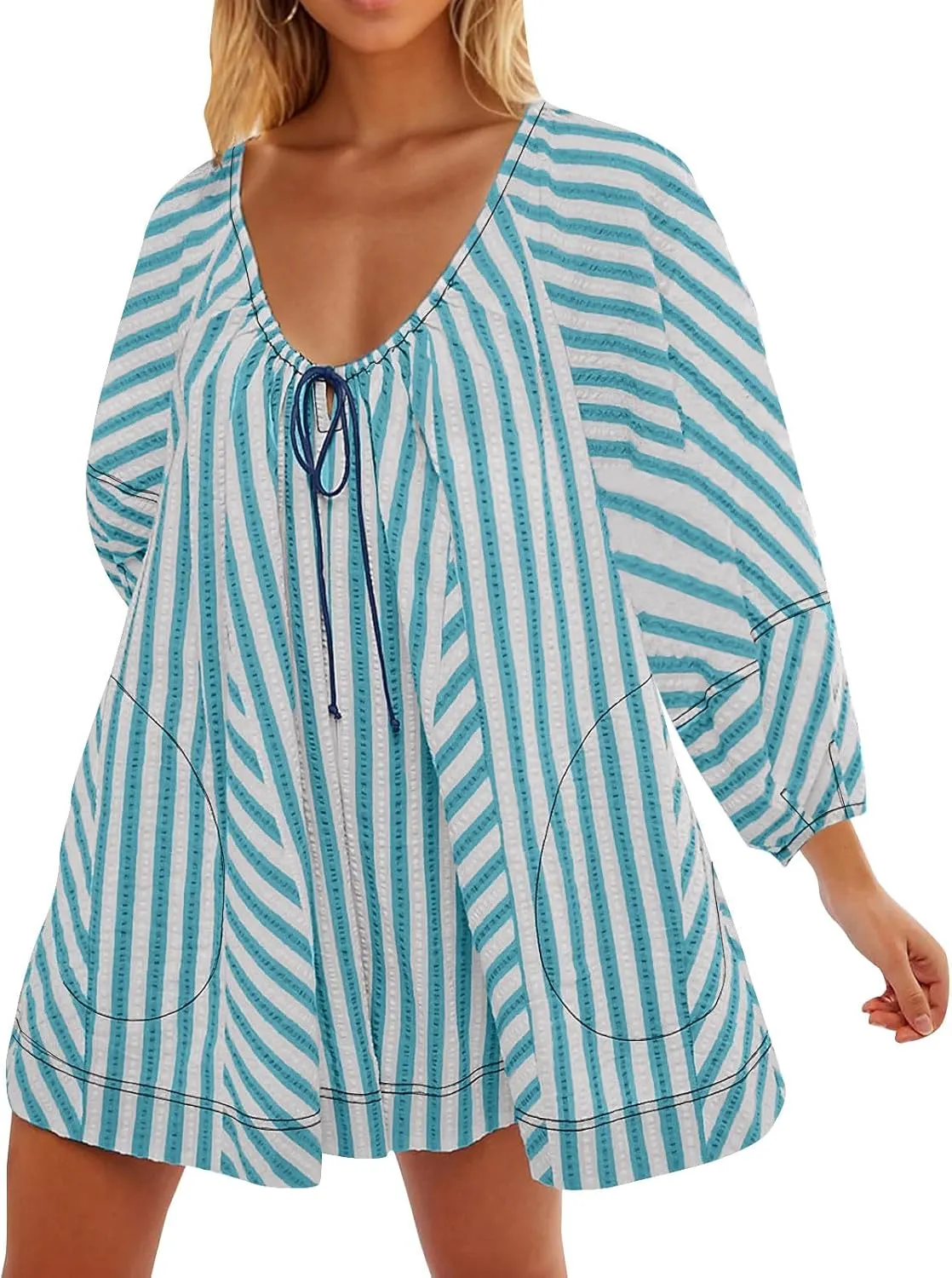 Xiaojmake Womens Short Tunic Dress Oversized Flowy Striped Romper Overalls V Neck Puff Sleeve Baggy Short Jumpsuits Sundress