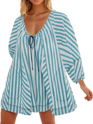 Xiaojmake Womens Short Tunic Dress Oversized Flowy Striped Romper Overalls V Neck Puff Sleeve Baggy Short Jumpsuits Sundress