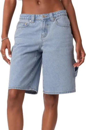 Y2k Women Denim Bermuda Shorts Straight Leg Jean Carpenter Shorts Vintage Mid Rise Knee Length Long Jorts