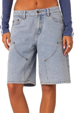Y2k Women Denim Bermuda Shorts Straight Leg Jean Carpenter Shorts Vintage Mid Rise Knee Length Long Jorts