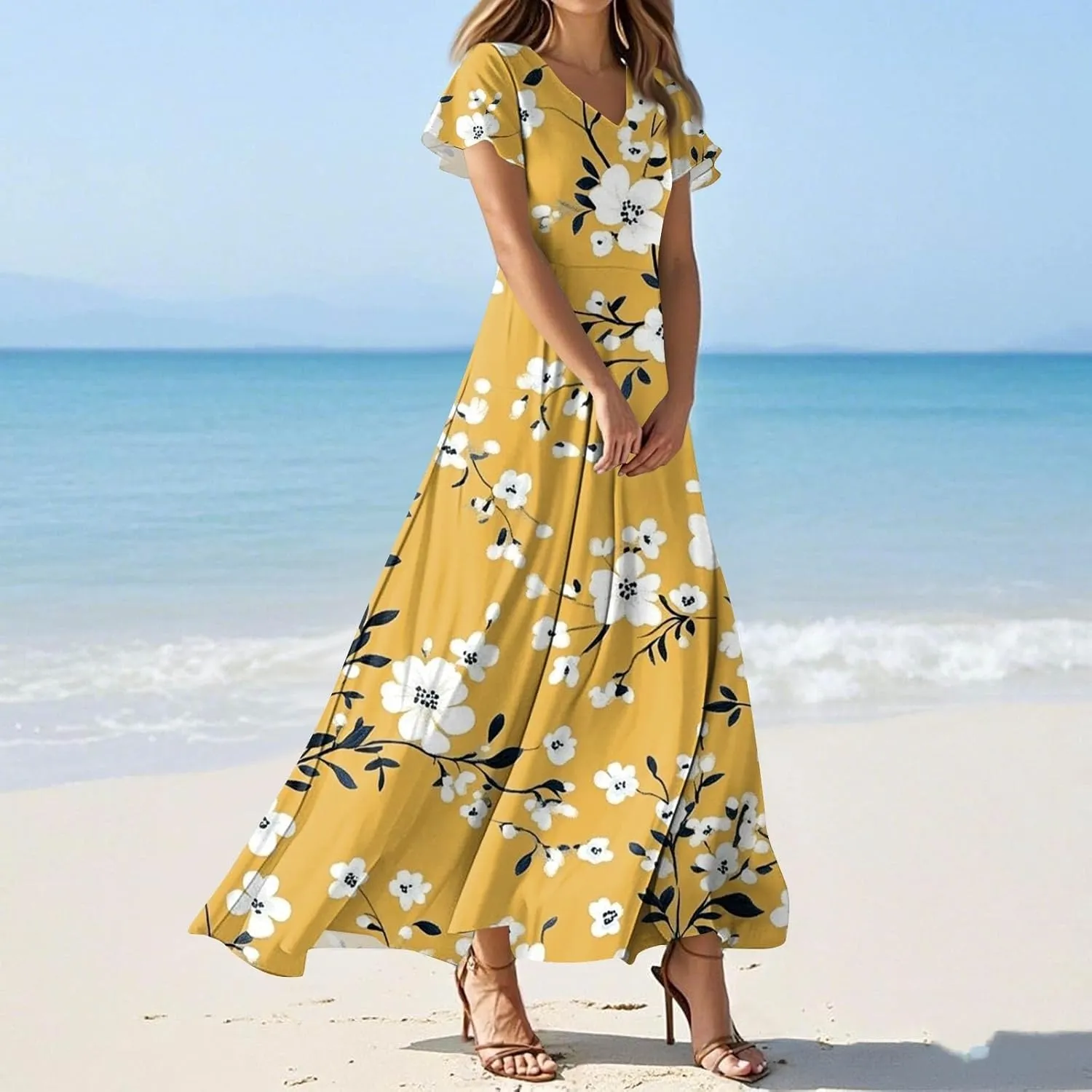 ZEFOTIM Long Dresses for Women 2025 Cocktail Floral Dress Short Sleeve V Neck Dresses
