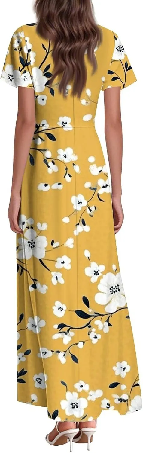 ZEFOTIM Long Dresses for Women 2025 Cocktail Floral Dress Short Sleeve V Neck Dresses