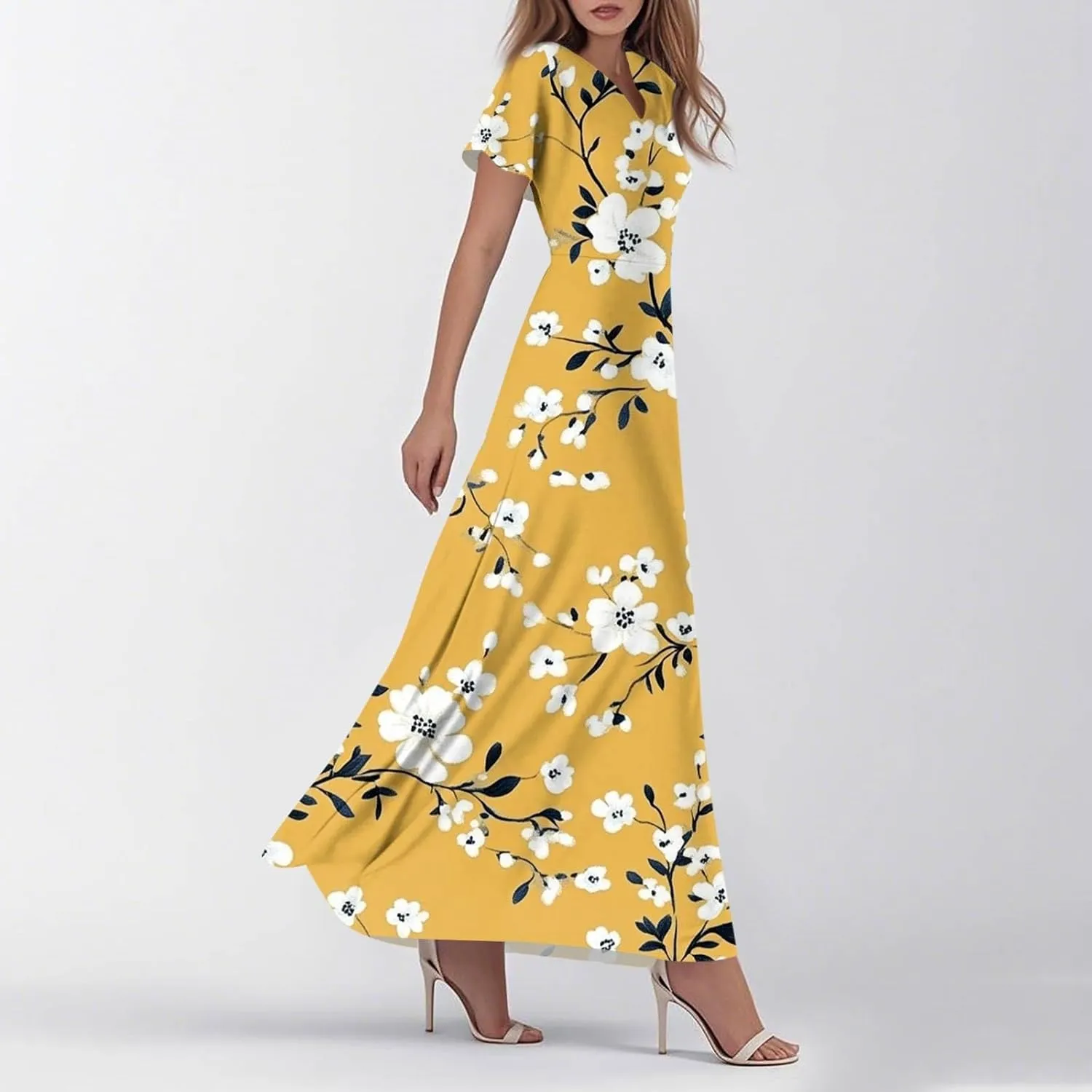 ZEFOTIM Long Dresses for Women 2025 Cocktail Floral Dress Short Sleeve V Neck Dresses