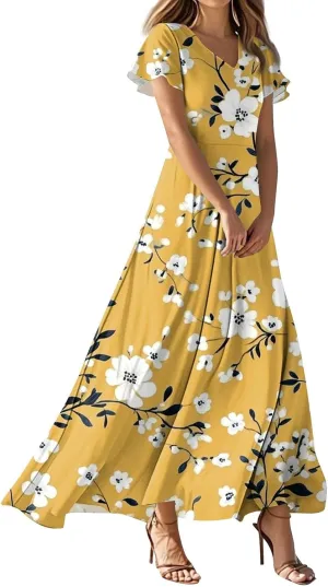 ZEFOTIM Long Dresses for Women 2025 Cocktail Floral Dress Short Sleeve V Neck Dresses