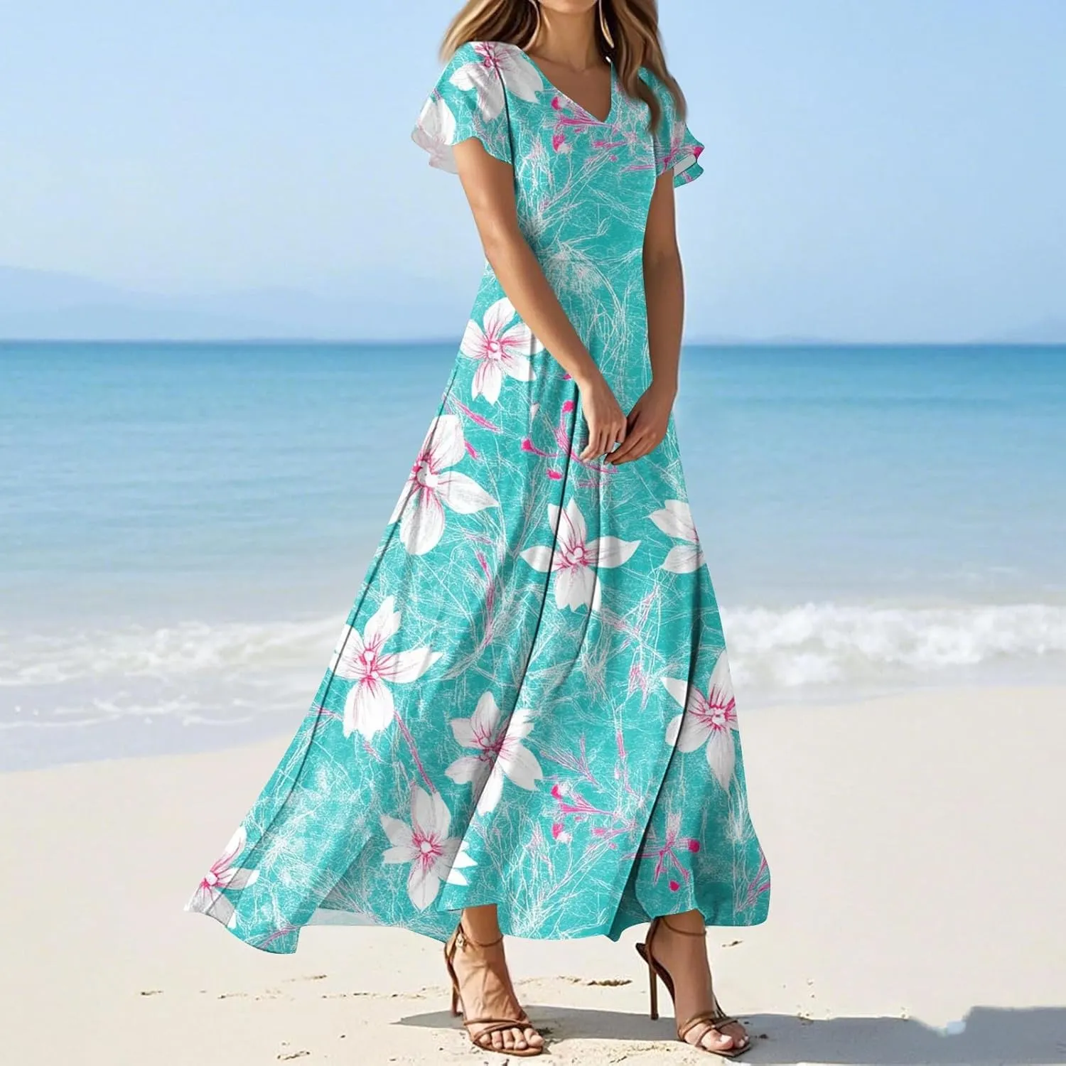 ZEFOTIM Long Dresses for Women 2025 Curvy Floral Dress Short Sleeve V Neck Dresses