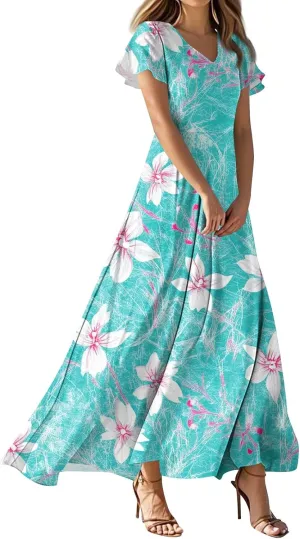 ZEFOTIM Long Dresses for Women 2025 Curvy Floral Dress Short Sleeve V Neck Dresses