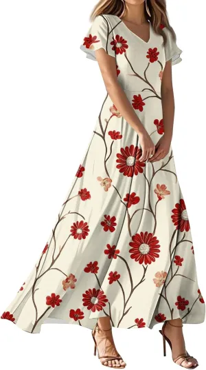 ZEFOTIM Long Dresses for Women 2025 Curvy Floral Dress Short Sleeve V Neck Dresses