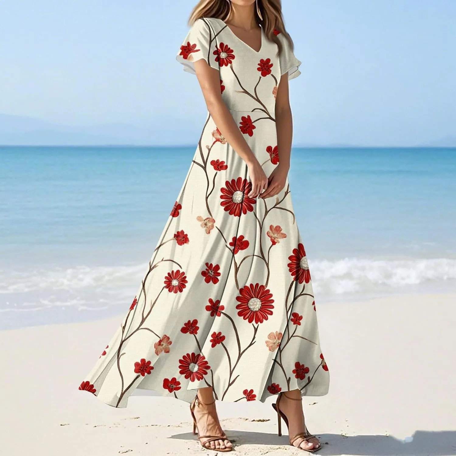 ZEFOTIM Long Dresses for Women 2025 Curvy Floral Dress Short Sleeve V Neck Dresses