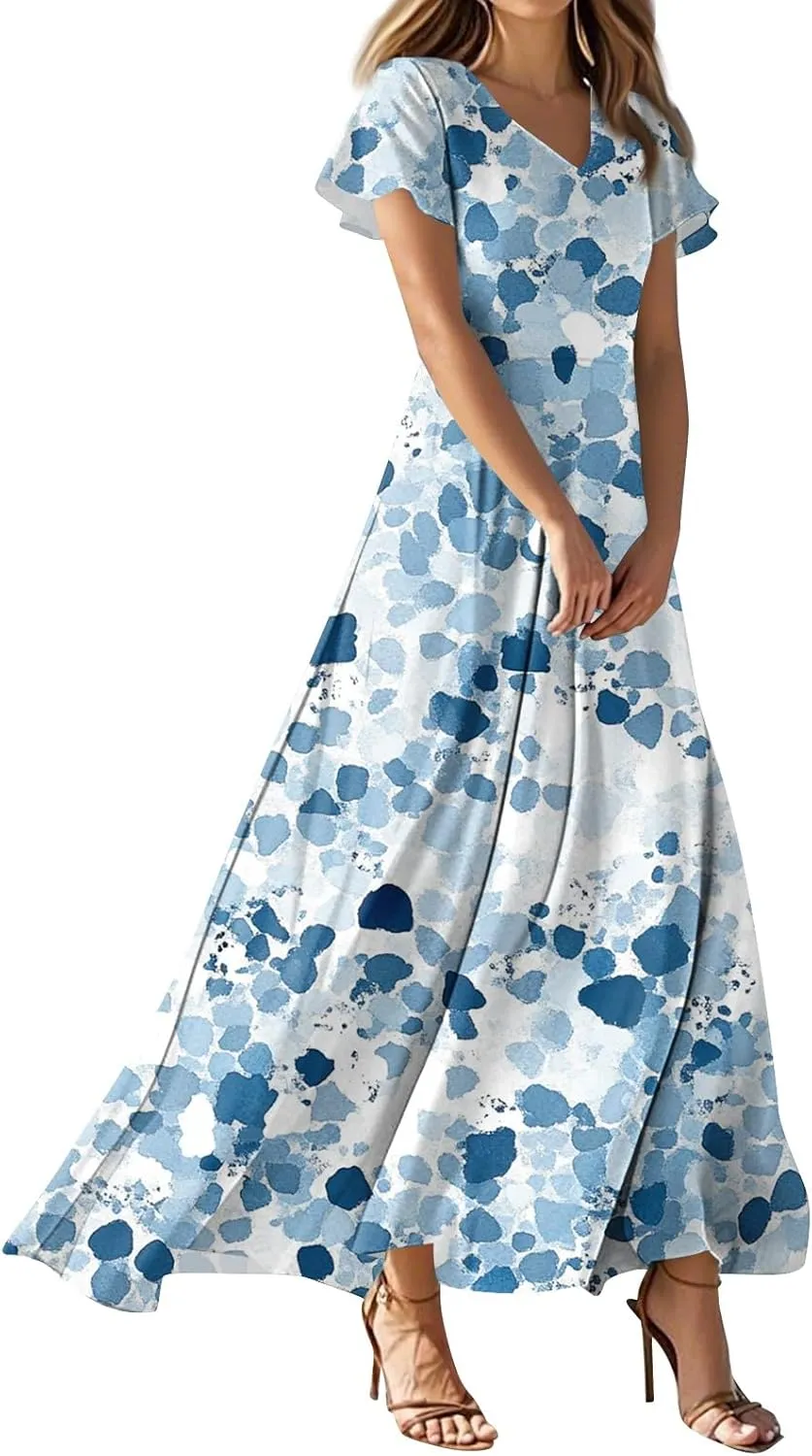 ZEFOTIM Long Dresses for Women 2025 Curvy Floral Dress Short Sleeve V Neck Dresses