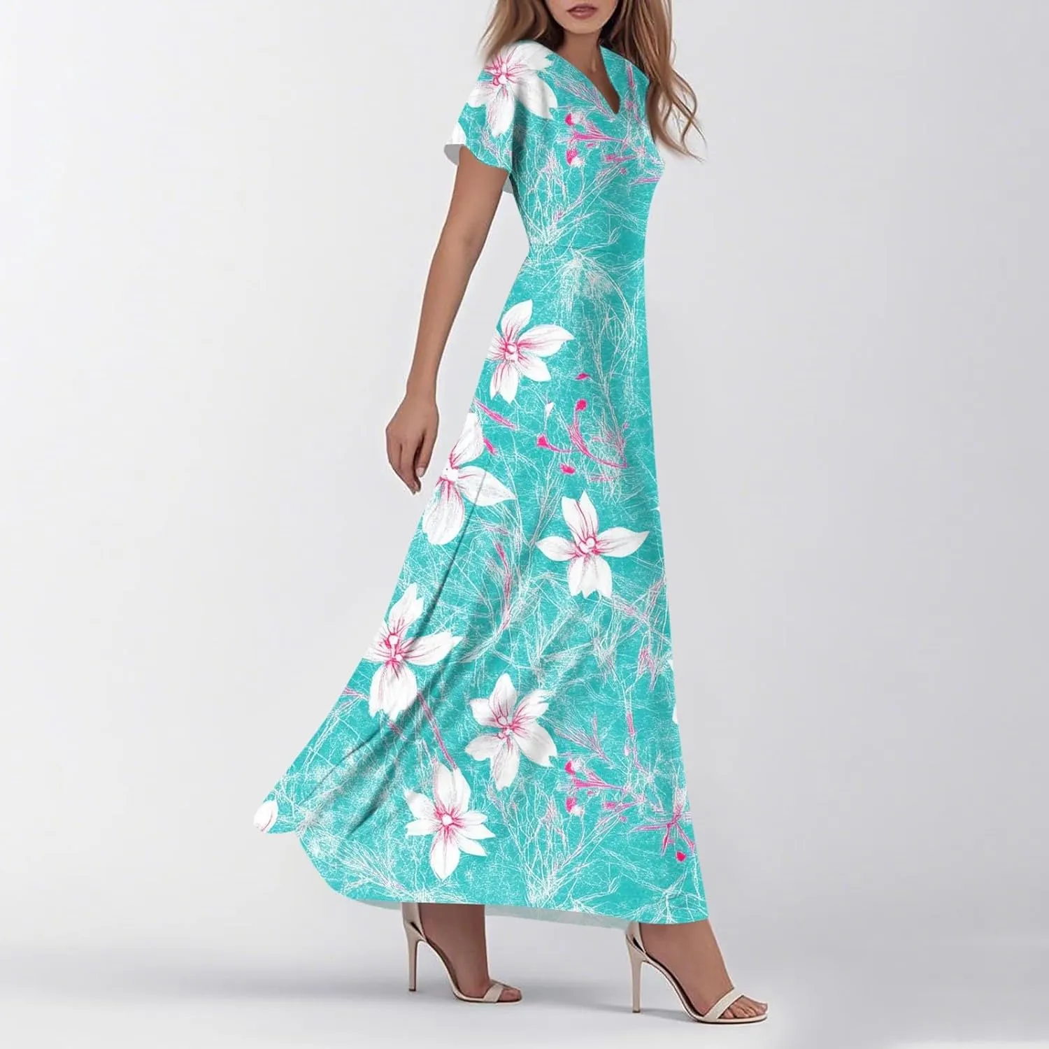 ZEFOTIM Long Dresses for Women 2025 Curvy Floral Dress Short Sleeve V Neck Dresses